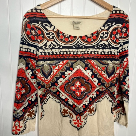 Lucky Brand Top Small Cream Red Blue Floral Embellishing Boho Peasant Spring Tee - Picture 2 of 8